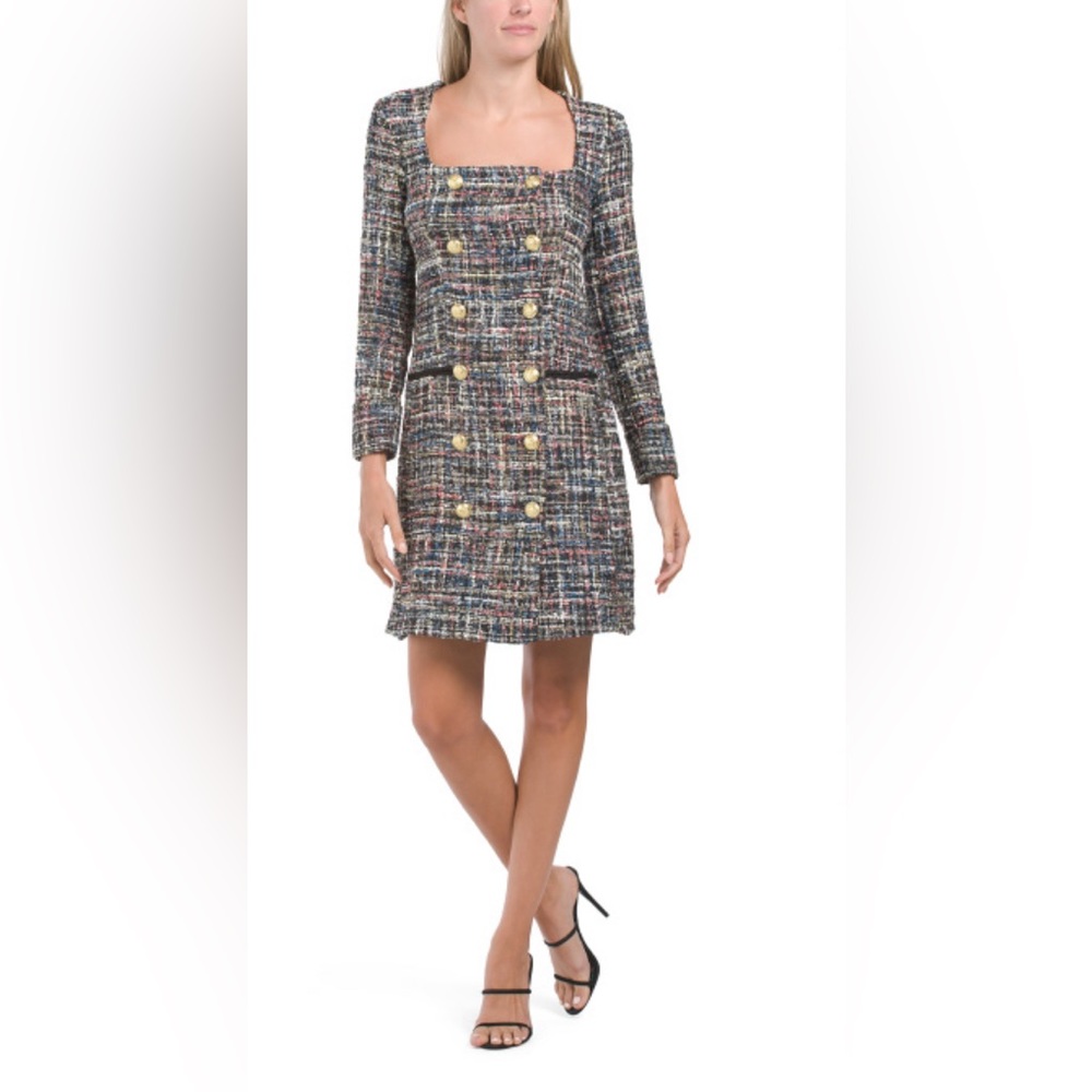 ALEXIA ADMOR Milli Square Neck Tuxedo Mini Dress With Buttons Sz6 Color Multi